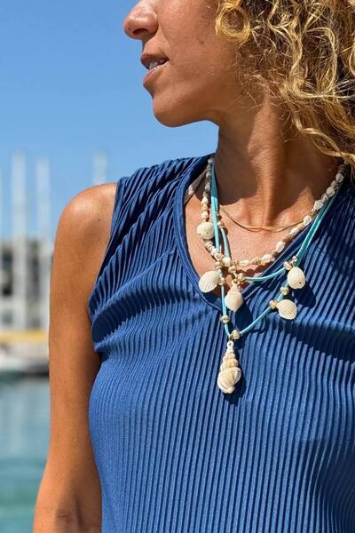 Güneşkızı Leather Drawstring Marine Design Necklace