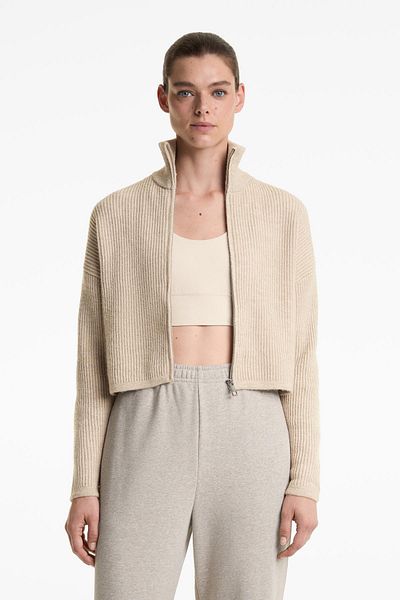 Oysho Cropped rib knit jacket with high collar