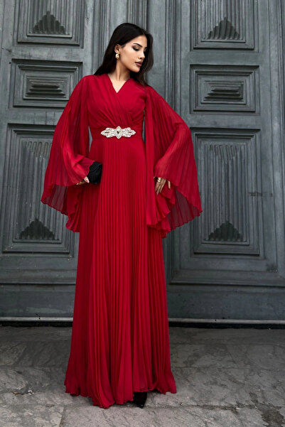 lodmela Kruvaze Yaka Yarasa Kol Pliseli Abiye Elbise 2235-Kırmızı