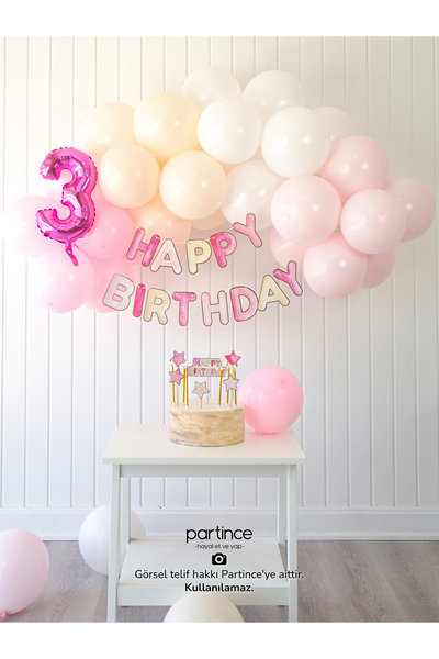 partince Pembe Happy Birthday Yazılı Rakamlı Mini Doğum Günü Balon Zinciri Do...