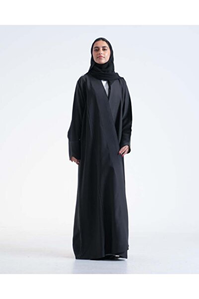 SOROSE SA عباية كريب نص كلوش بتطريز رمادي وياقة مميزة - أسود