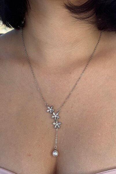 TAKIŞTIR Silver Color Flower Figured Steel Y Necklace with Stone and Pearl Detail