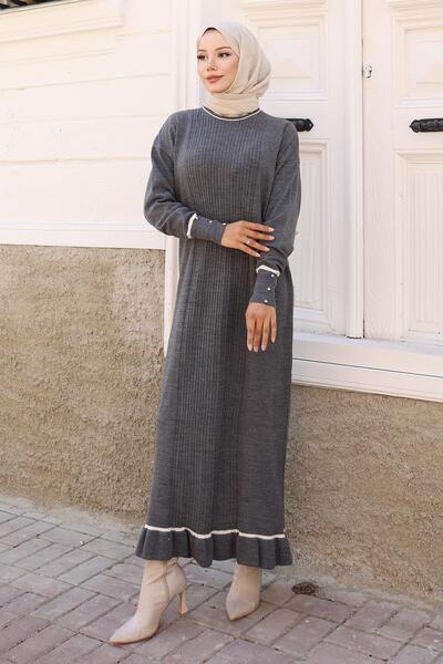 Modamihram Rochie de tricotaj cu detaliu de piatră cu manșetă gri 6150