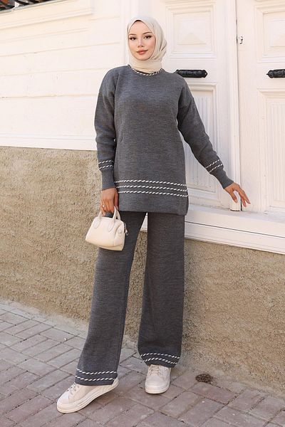 Modamihram Stripe Detailed Knitwear Suit Gray 6151