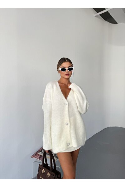 MATTİMODA Kadın Çiçek Düğmeli Şardonlu Beyaz Triko