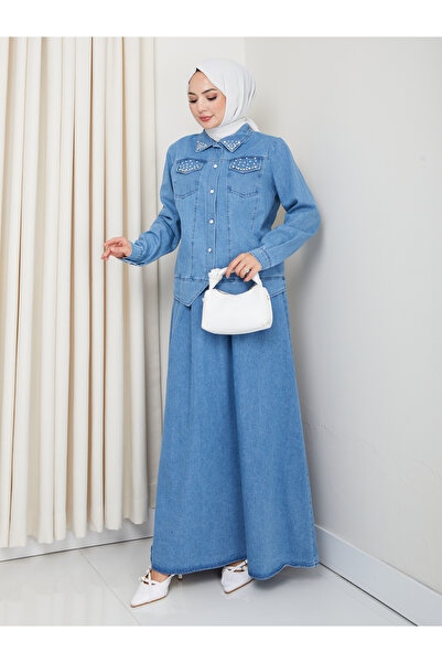 EFSUN MODA İNCİLİ KAPAKLİ CEP AÇIK KOT TESETTÜR ETEKLİ TAKIM KOT KUMAŞ