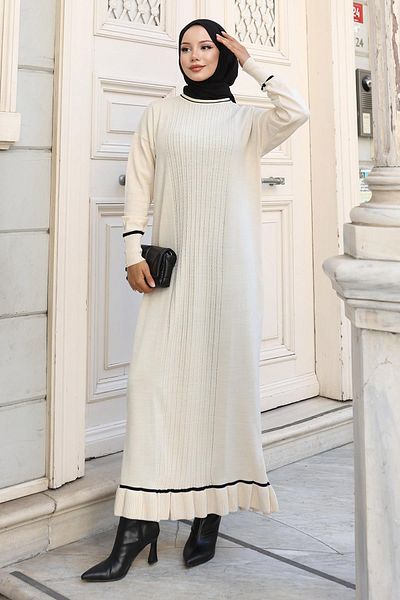 Modamihram Cuff Stone Detailed Knitwear Dress White 6150