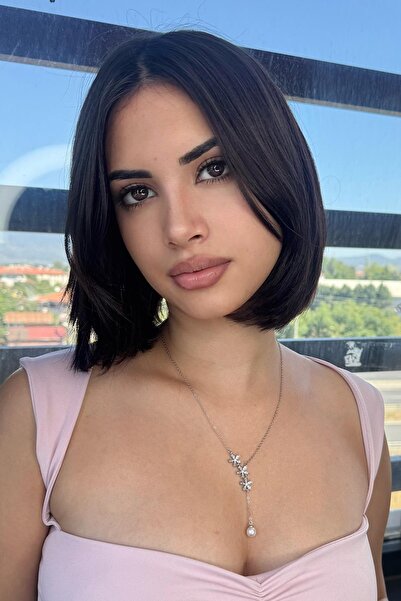 TAKIŞTIR Silver Color Flower Figured Steel Y Necklace with Stone and Pearl Detail