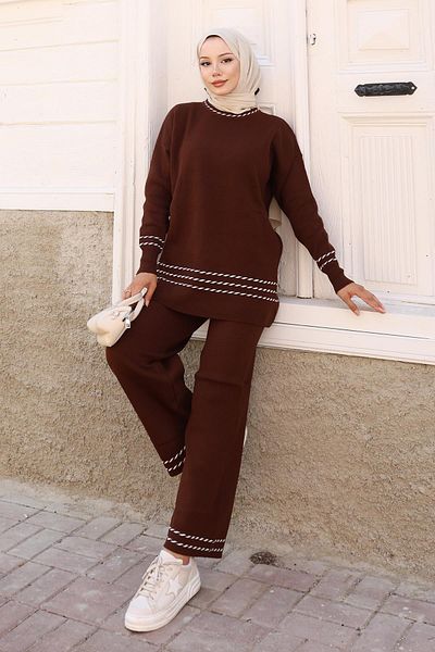 Modamihram Stripe Detailed Knitwear Set Brown 6151