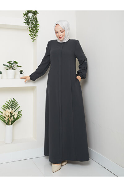 Efelif Anthracite Stone Embroidered Epaulettes Zippered Women's Ferace - Azra Ferace