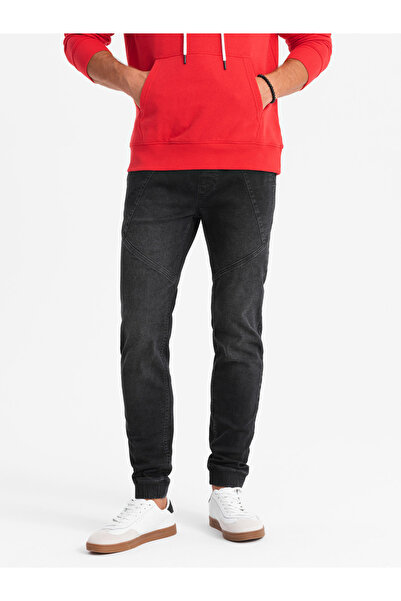 OMBRE Herren-Jeans-Jogginghose mit asymmetrischen Nähten - schwarz V3 OM-PADJ-0165