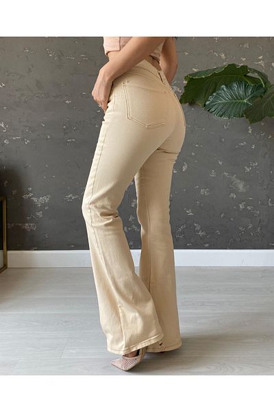 geenz manifacture Women's Oskar Lycra High Waist Beige Flared Jeans Trousers