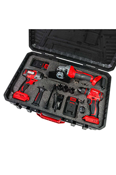 Raider Kit profesional R20 – Mașină de găurit, polizor unghiular, cheie de impact și căști Bluetooth 20V 2x2Ah