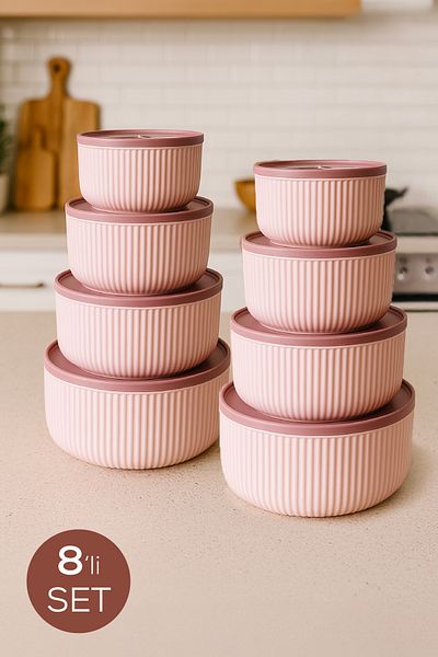 Vienev Set of 8 Striped Round Storage Containers Pink