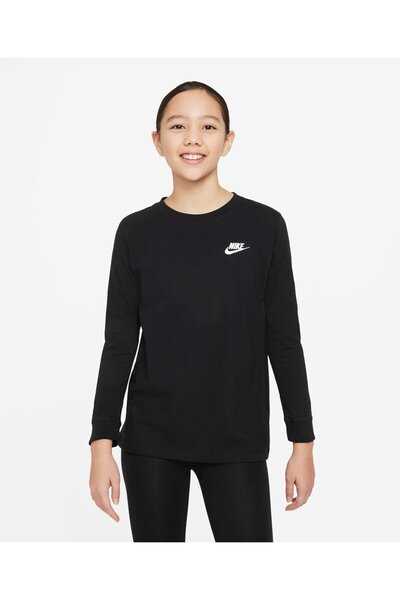Nike تي شيرت بأكمام كاملة مطرز بشعار Futura مصنوع من القطن بنسبة 100% - أسود