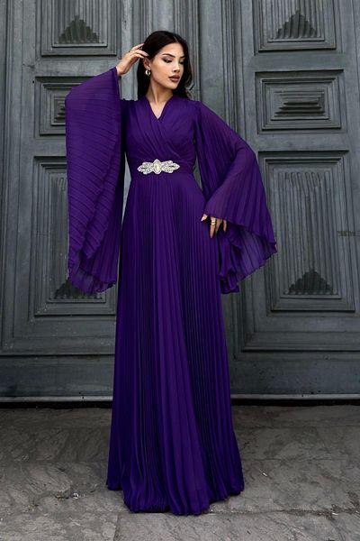 lodmela Double Breasted Neckline Bat Sleeve Pleated Evening Dress 2235-Purple