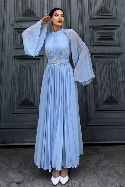 lodmela Pleated Detailed Belted Comfortable Formal Evening Dress 2183-Baby Blue