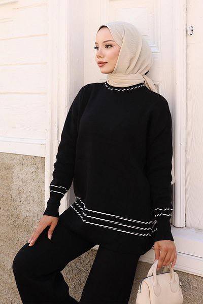 Modamihram Stripe Detailed Knitwear Suit Black 6151