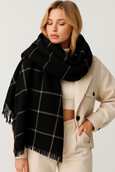 MYZİ STORE Women's Black Square Patterned Thick Winter Shal – Oversize Shawl