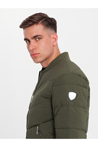 OMBRE Gesteppte Bomberjacke für Herren mit Metallreißverschlüssen - Dunkelolivgrün V3 OM-JALP-0143