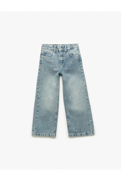 Koton Cotton Stone Detailed Wide Leg Denim Trousers