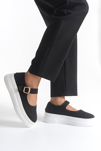 Solo Bag Women's Linen Fabric Thick Heeled Casual Adjustable Buckle Elastic Black Ballerinas