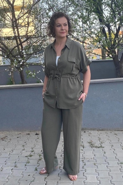 Mia Butik Women's Khaki Front Gather Detailed Linen Suit