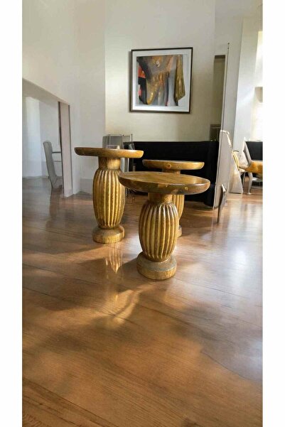 Simillo Home&Living Ahşap Mantar Sehpa 3’lü Set – Tütün Renk Masif Doğal Zigo...