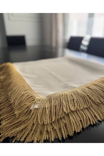 AYDINDOKUMA Ayla Glitter Ecru Design Table Cloth Dowry Service Gold Fringed Thin Tulle Cover