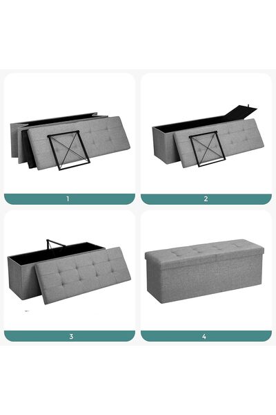 SONGMICS Bancă pliabilă cu capac și spațiu de depozitare, 120 litri, material textil din in, 110x38x38 cm, gri