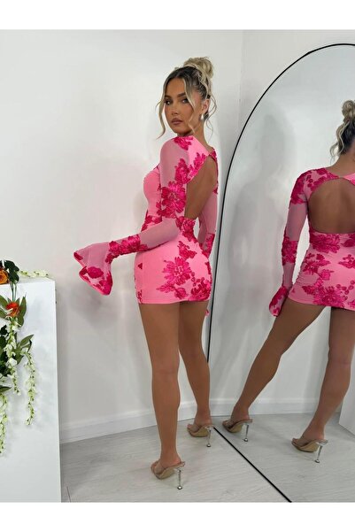 theanemos Pembe Çiçek İşlemeli Mini Elbise