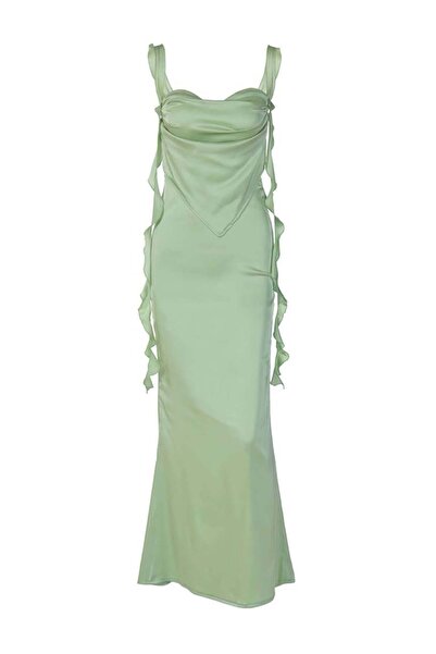 theanemos Drapeli Saten Asimetrik Kesim Yeşil Elbise