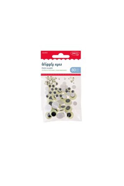 daço Craft Accessory Glow-in-the-Dark Moving Eyes, White/Black, Material Plastic, 80 pcs/Set, 5/6/15mm