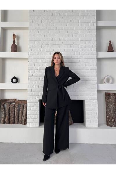 ZF BUTİK Women's Double Belted Blazer Jacket Pants Set