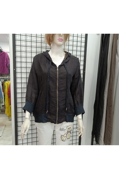 Butik Şans Italian Linen Jacket with Zipper Closure and Hood