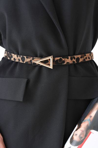 bayansepeti Faux Leather Leopard Pattern Belt with Triangle Buckle Detail