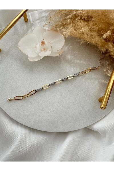 BEBİ BİJUTERİ Row Paper Clip Chain 2 Color Zircon Stone Necklace Bracelet Set