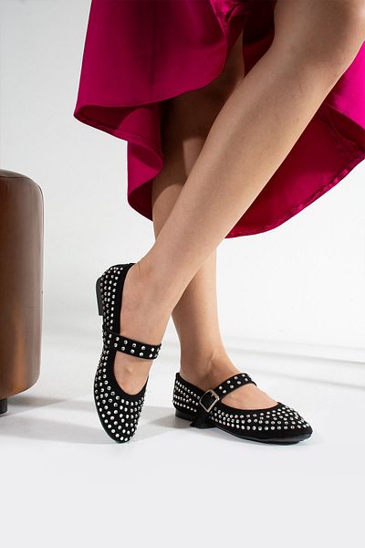 Peta Black Suede Round Toe Orthopedic Stoned Helmet Flat Bottomed Ballerinas