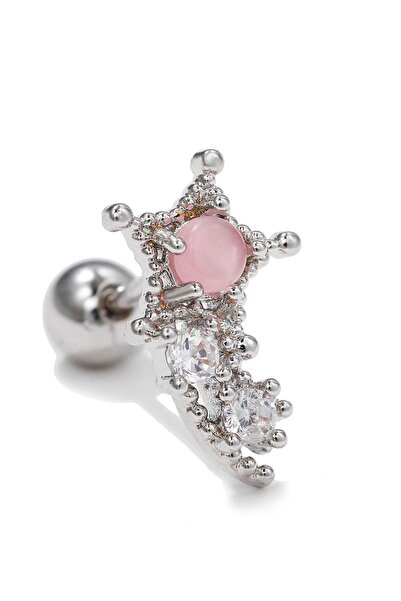 TAKIŞTIR Gümüş Renk Yıldız Figürlü Taş Detaylı Çelik Tragus/Kıkırdak Küpe/Pie...