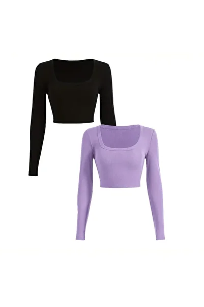 ÖZ PAMUK Women's 2Pcs Square Neck Ribbed Camisole Crop Long Sleeve Blouse