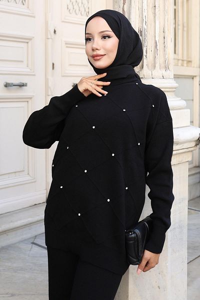 Modamihram Stone Detailed Knitwear Suit Black 6148