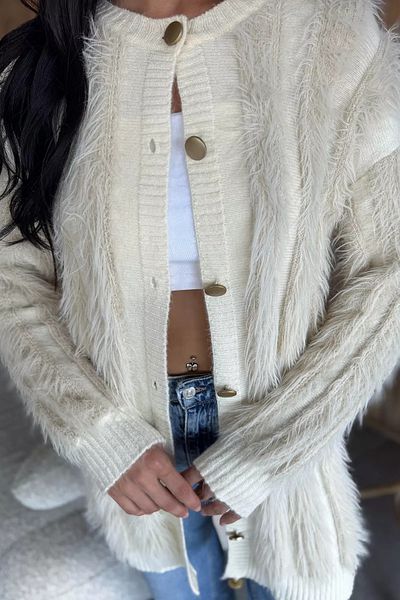 GÜLSELİ Cream Women's Bearded Knitwear Cardigan