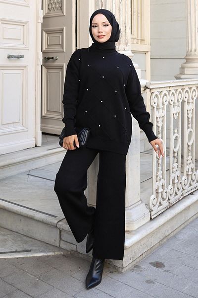 Modamihram Stone Detailed Knitwear Suit Black 6148