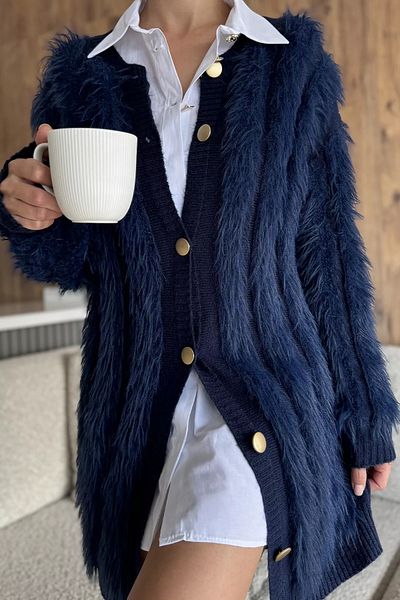 GÜLSELİ Navy Blue Women's Bearded Knitwear Cardigan
