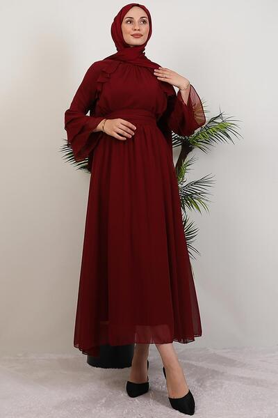 GİYZAMİLA Ruffled Chiffon Dress Burgundy