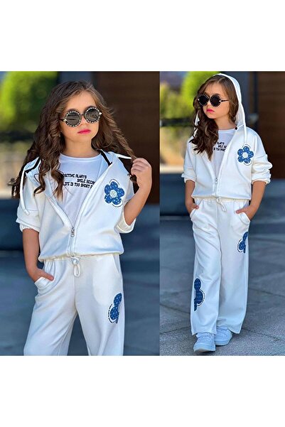 RAPAPA Girl's 3 Pcs Hooded Sweatshirt & Floral Pattern Tracksuit Set - White 6431
