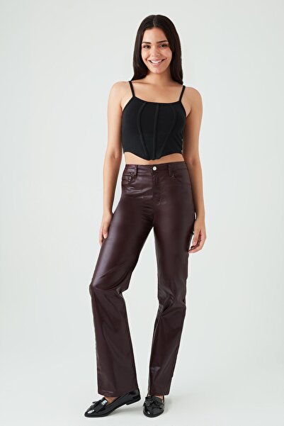 Select Moda Women's Burgundy Leather Look Wide Leg Trousers