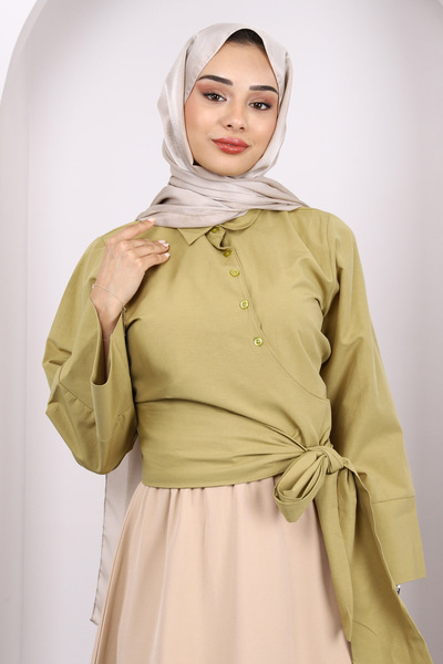 İmajButik Oil Green Waist Tie Crop Shirt