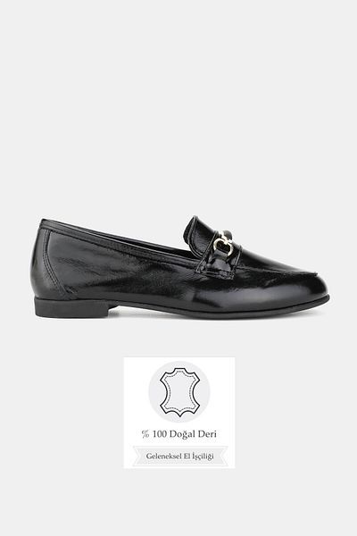 TUNAELLİ Women's Dark Blue Patent Leather Genuine Natural Leather 36-41 Number Buckle Ballet Flat