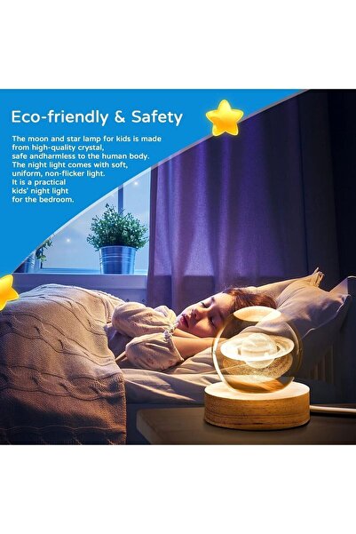 HediyeFilesi 3D Satürn Kristal Küre Lamba – USB li Gün Işığı LED Işıklı Ahşap Standlı Dekoratif Masa Lambası